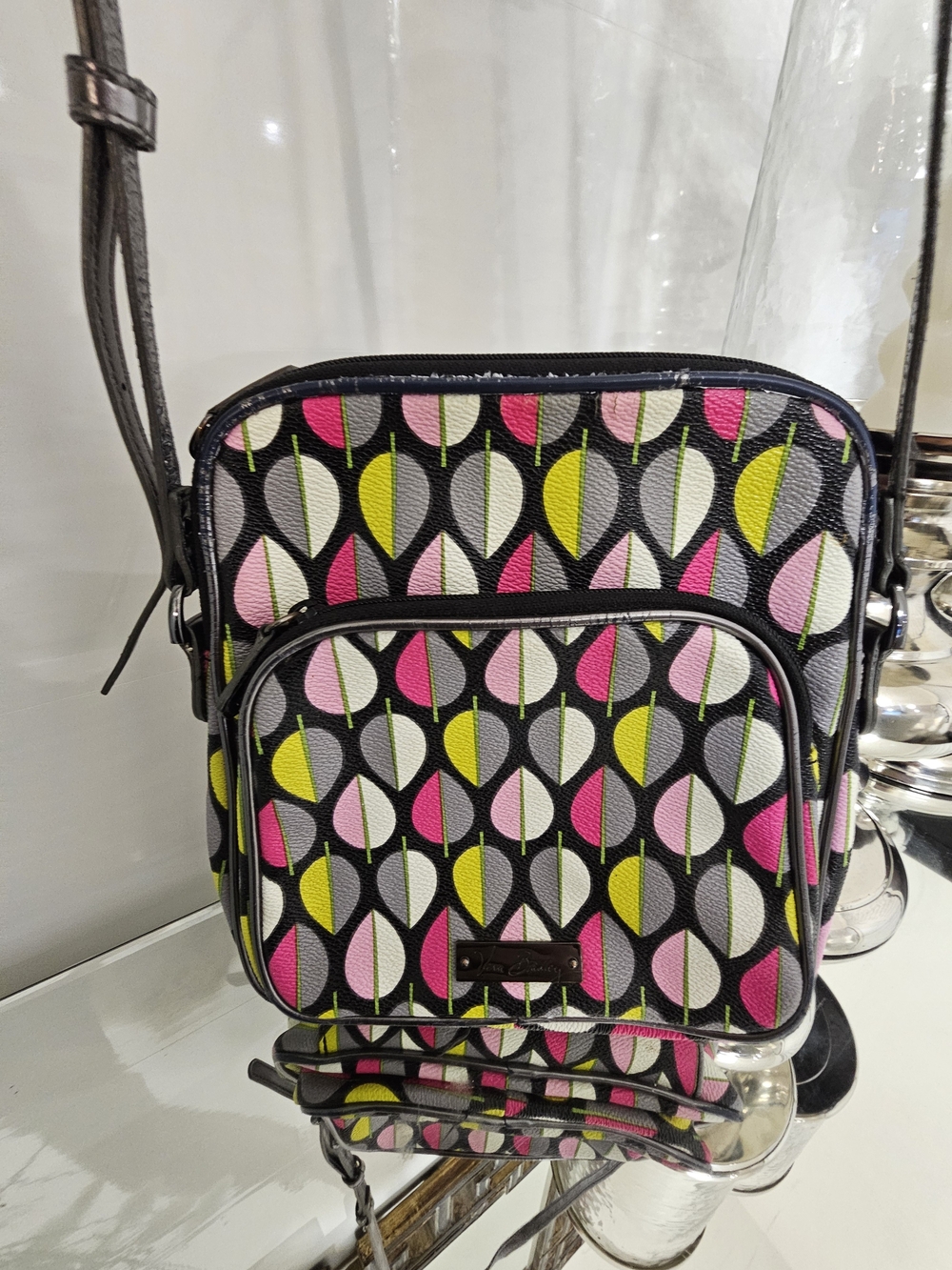 Vera Bradley Black Crossbody with Pink, Lime & Light Gray Leaf Motif
